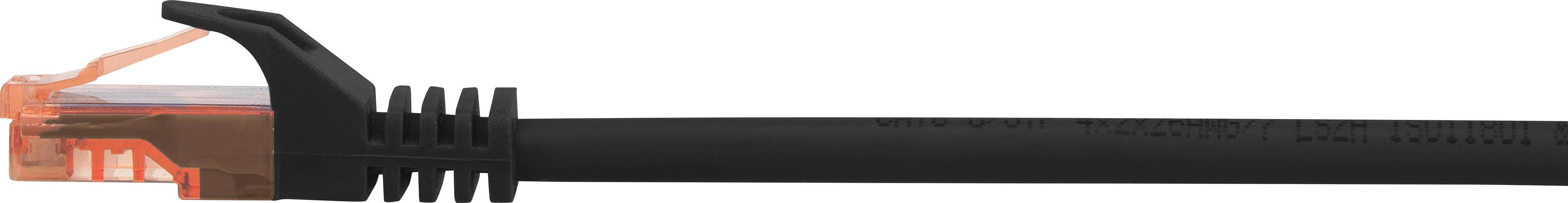 Černý ethernetový kabel s průhlednou, oranžovou koncovkou.