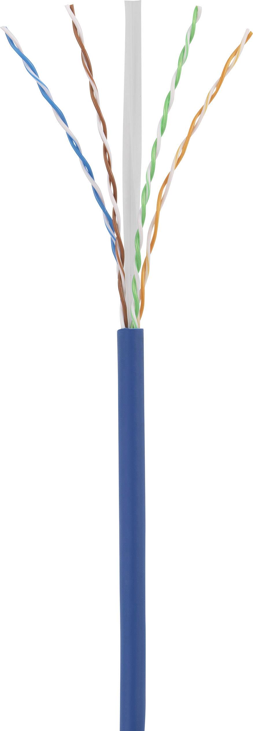 Otevřený síťový kabel se čtyřmi kroucenými páry vodičů v různých barvách, vně zakončený modrým ochranným pláštěm.