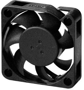 Černý počítačový ventilátor s pěti lopatkami v čtvercovém rámu.