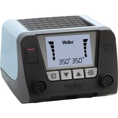 Pájecí stanice s digitálním displejem zobrazuje 'Weller' a teplotu 350°C. Dva konektory a ovládací tlačítka jsou umístěny na přední straně.