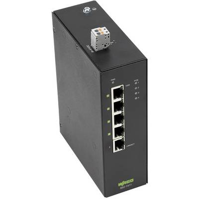 Černý síťový switch s šesti ethernetovými porty a LED indikátory pro stav a aktivitu. Nahoře se nachází šedý konektor.