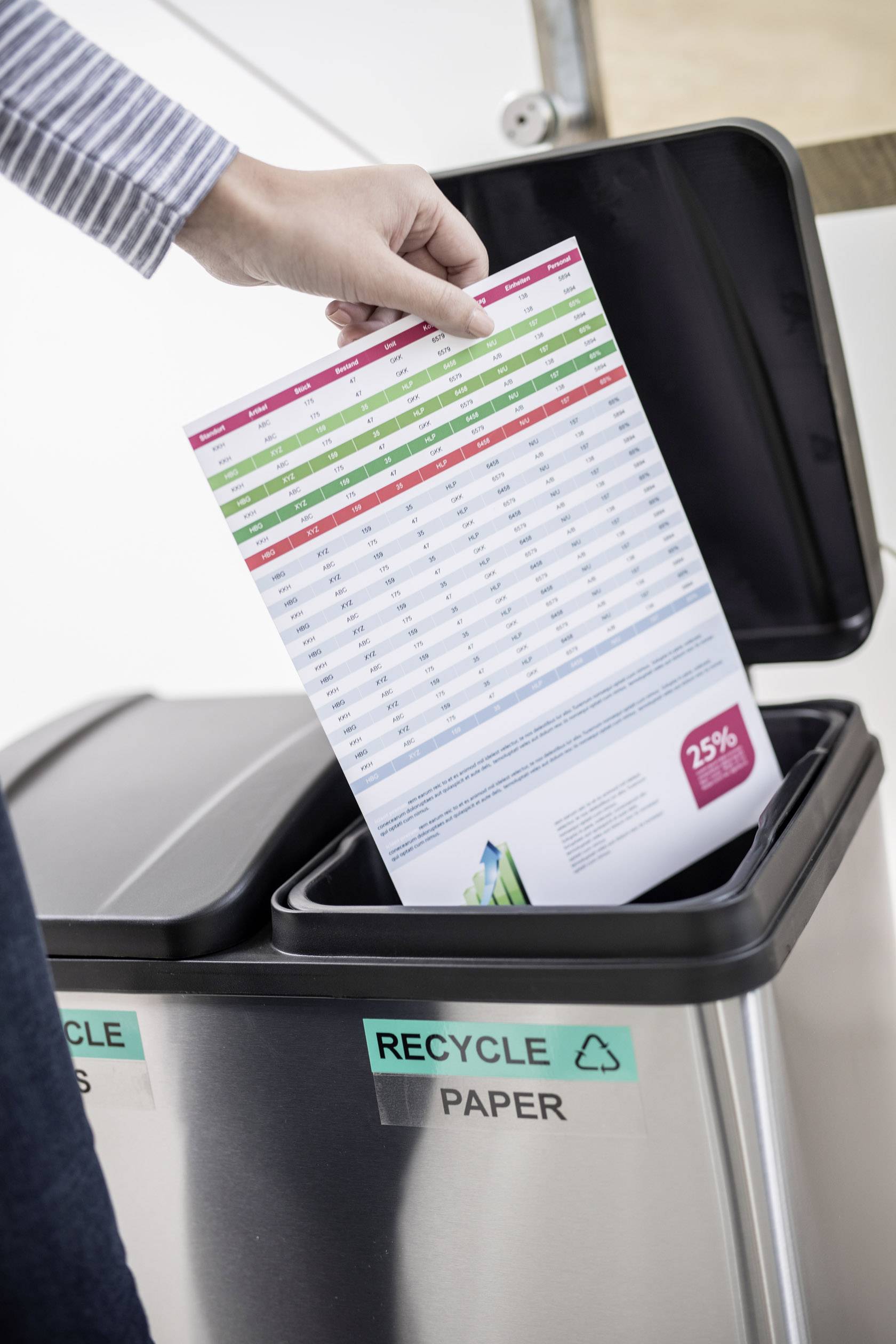 Osoba hází dokument do kontejneru na recyklaci papíru. Kontejner je označen recyklačním symbolem a nápisem „Recyklace papíru".