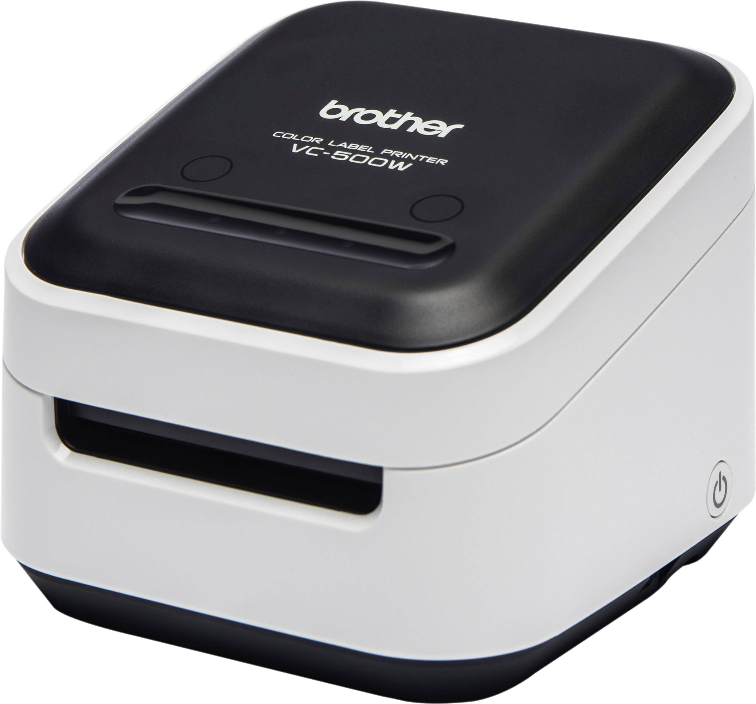 Barevná tiskárna štítků s nápisem 'brother COLOR LABEL PRINTER VC-500W', kompaktní v černobílém designu.