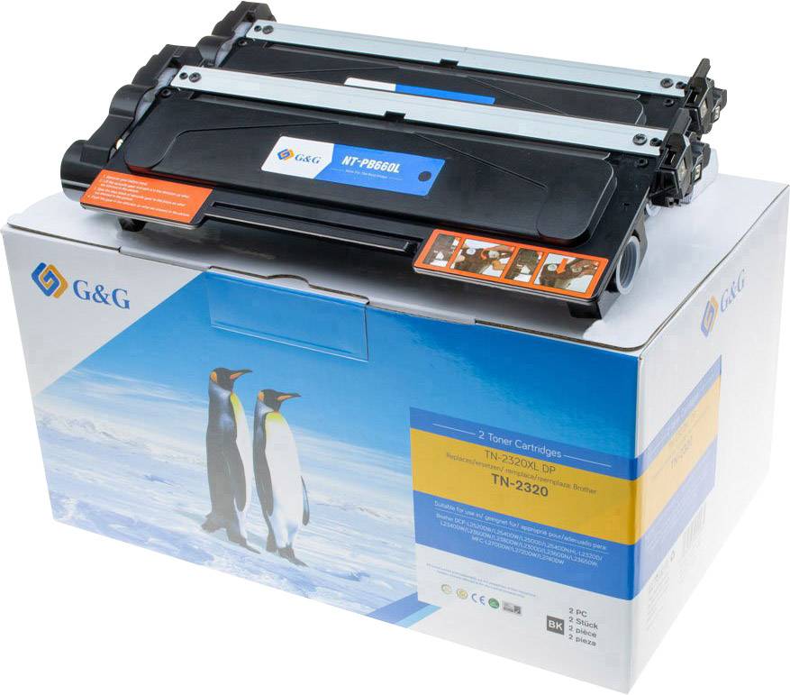 Tiskový válec značky G&G na obalu s dvěma obrázky tučňáků zobrazující modelové číslo TN-2320 pro tiskárny Brother.