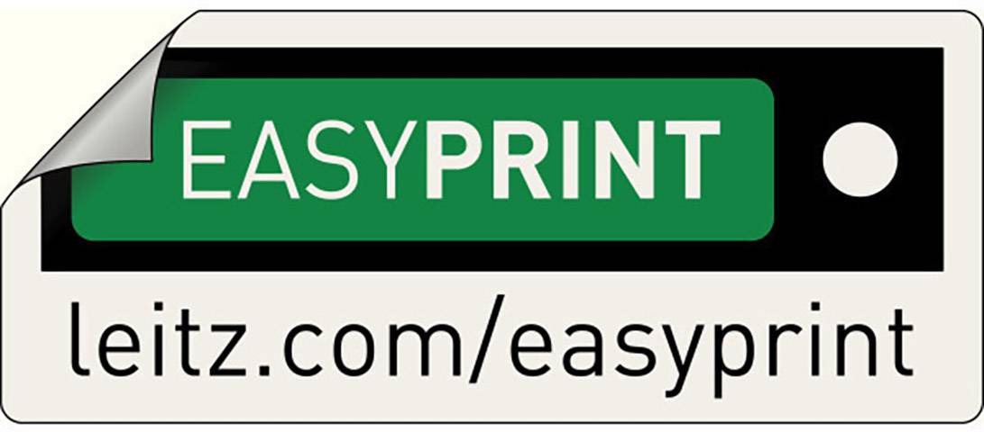 Logo s zeleným obdélníkem a textem 'EASYPRINT', pod ním URL 'leitz.com/easyprint'.