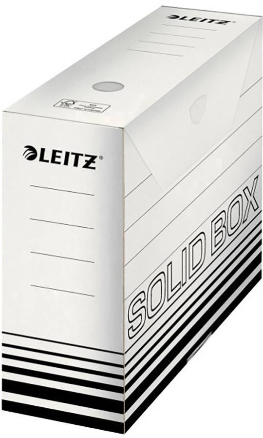 Bílá archivní krabice s nápisem 'LEITZ' a 'SOLID BOX'. Na straně má linky pro popis a je určena k uspořádání dokumentů.