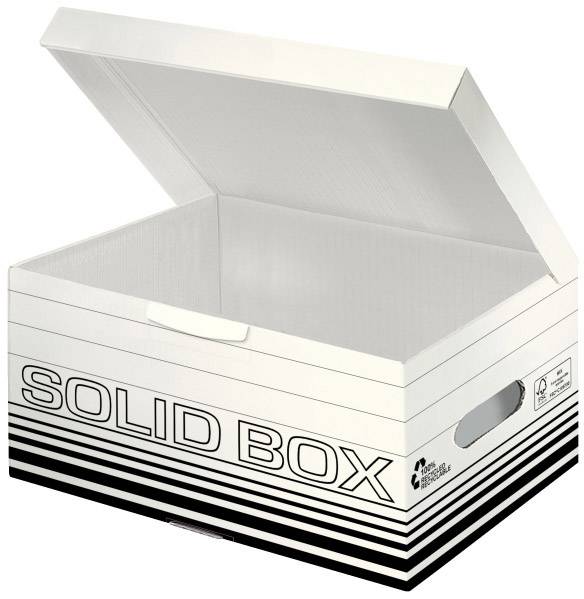 Otevřená bílá krabice s nápisem 'SOLID BOX' černými písmeny na boku. Krabice má výřezy pro úchopy.