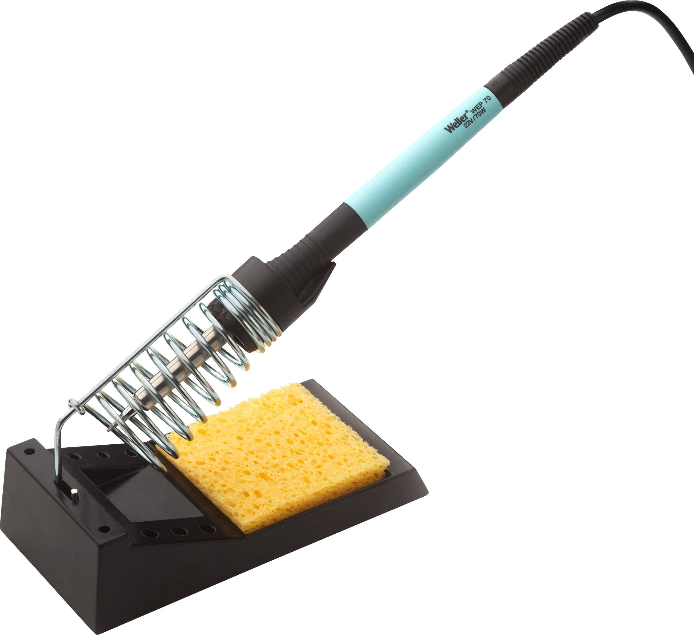 Pájecí pero na stojánku s žlutou čisticí houbičkou, připravené k použití, zvýrazněné na jednoduchém bílém pozadí.