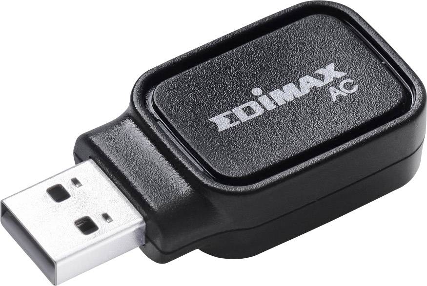 Černý USB Wi-Fi adaptér značky EDIMAX, model AC, s obdélníkovým pouzdrem a USB konektorem, určený pro bezdrátové sítě.
