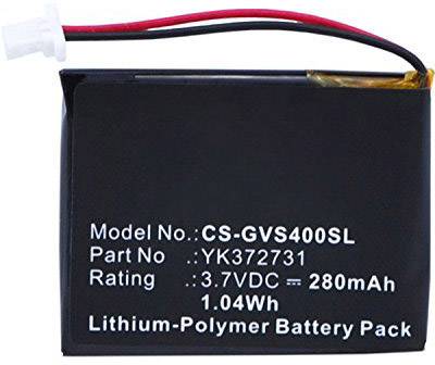 Černý lithium-polymerový akumulátor s bílou zástrčkou; nápis zobrazuje model č. 'CS-GVS400SL', číslo dílu 'YK372731', 3,7 V, 280 mAh.