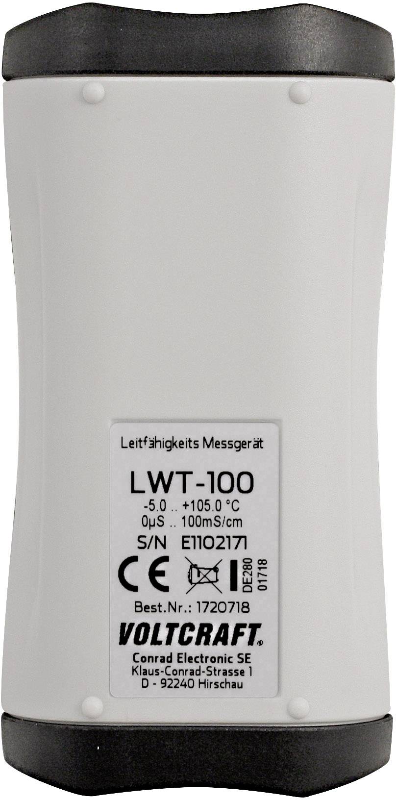 Měřicí přístroj vodivosti od společnosti Voltcraft, model LWT-100, zobrazuje rozsah měření od -5,0 do +105,0 stupňů Celsia a 0-100 mS/cm.