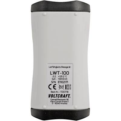 Měřicí přístroj vodivosti od společnosti Voltcraft, model LWT-100, zobrazuje rozsah měření od -5,0 do +105,0 stupňů Celsia a 0-100 mS/cm.