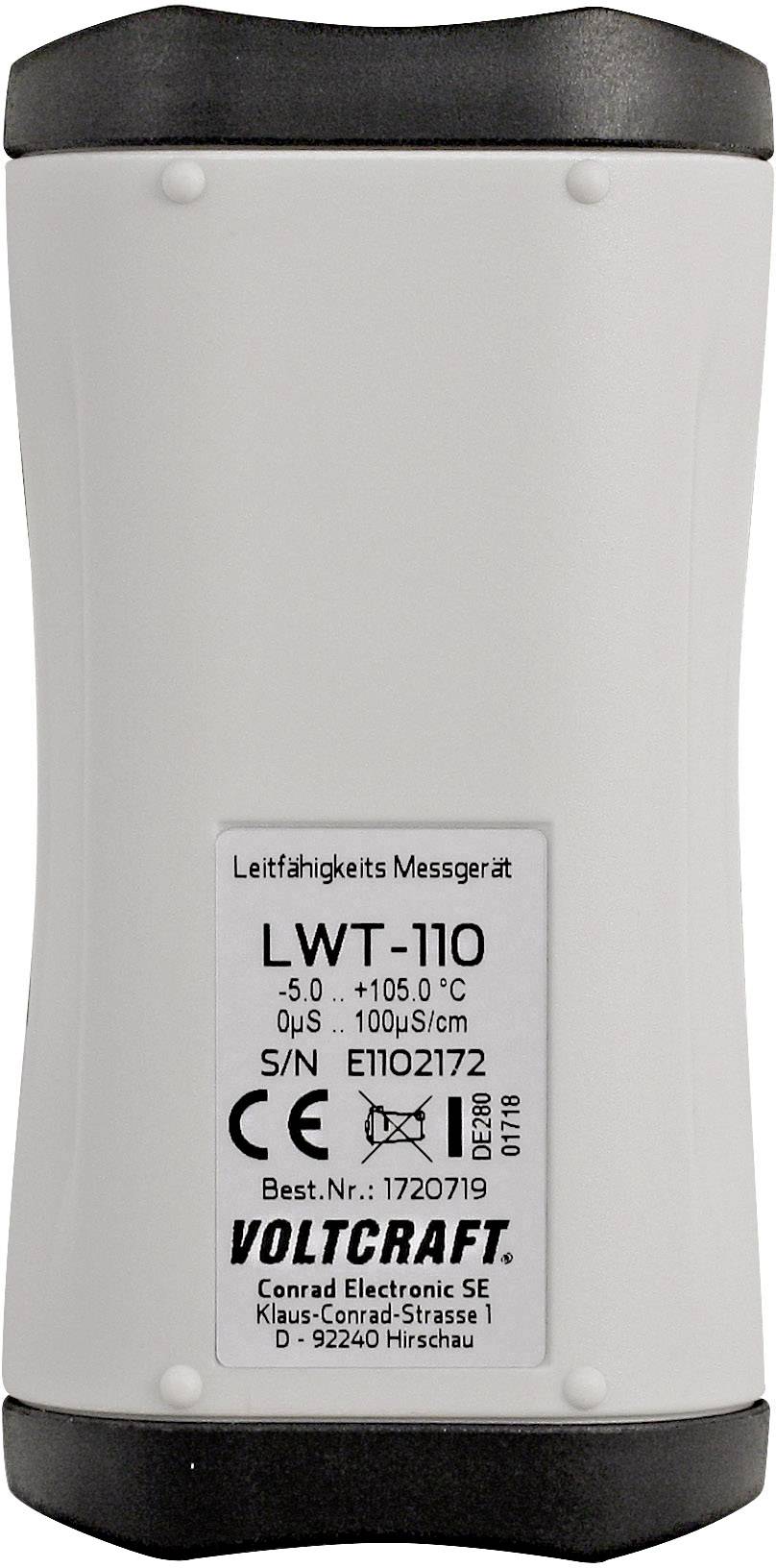 Měřicí přístroj vodivosti LWT-110 od Voltcraftu zobrazuje teplotní rozsah od -5 do +105 °C a vodivost od 0 do 100 µS/cm.
