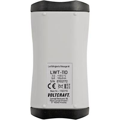 Měřicí přístroj vodivosti LWT-110 od Voltcraftu zobrazuje teplotní rozsah od -5 do +105 °C a vodivost od 0 do 100 µS/cm.