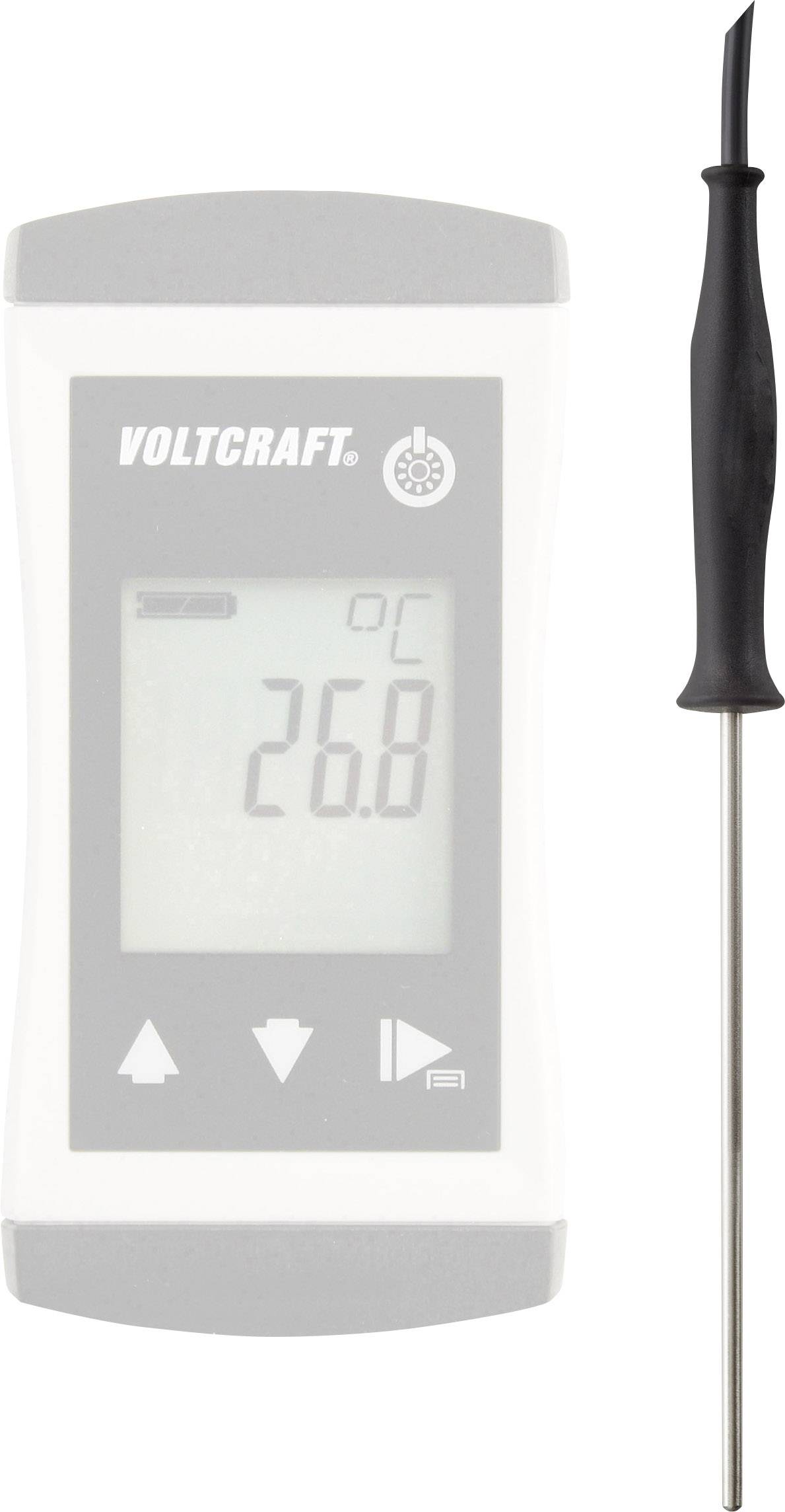 Digitální teploměr se sondou ukazuje 26,8 stupňů Celsia. Značka 'VOLTCRAFT' je na přední straně.
