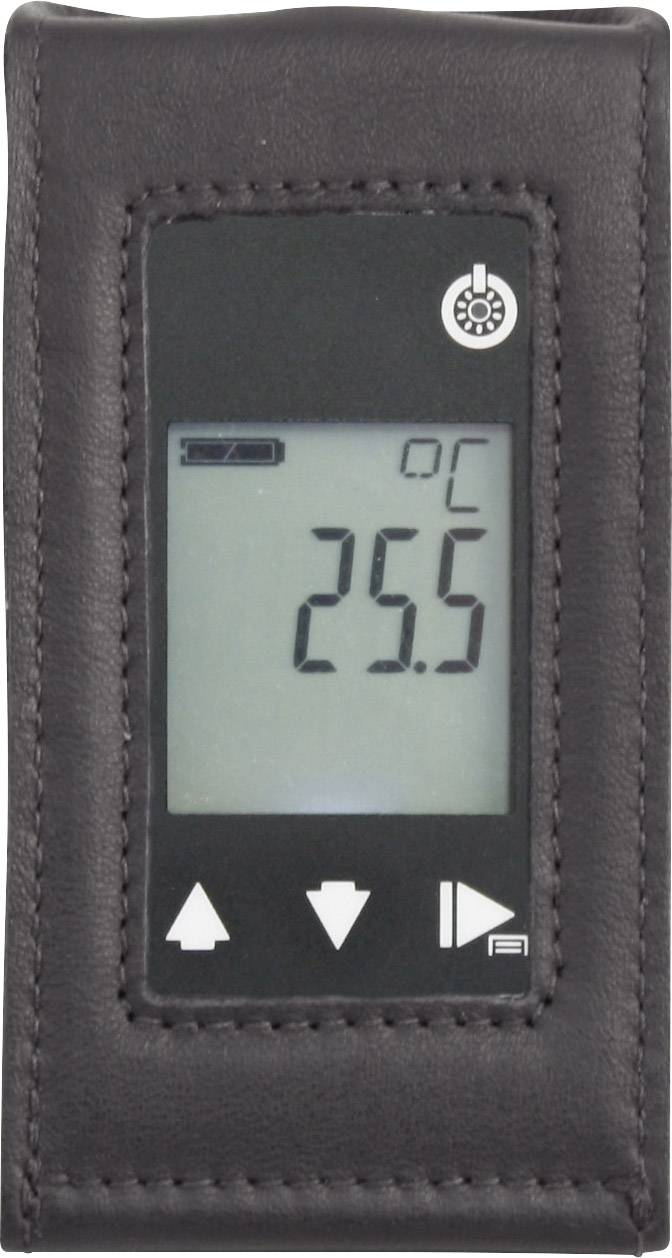 Digitální teploměr v kožené ochranné obálce ukazuje 25,5 stupňů Celsia. Pod ním jsou ovládací prvky pro regulaci teploty.