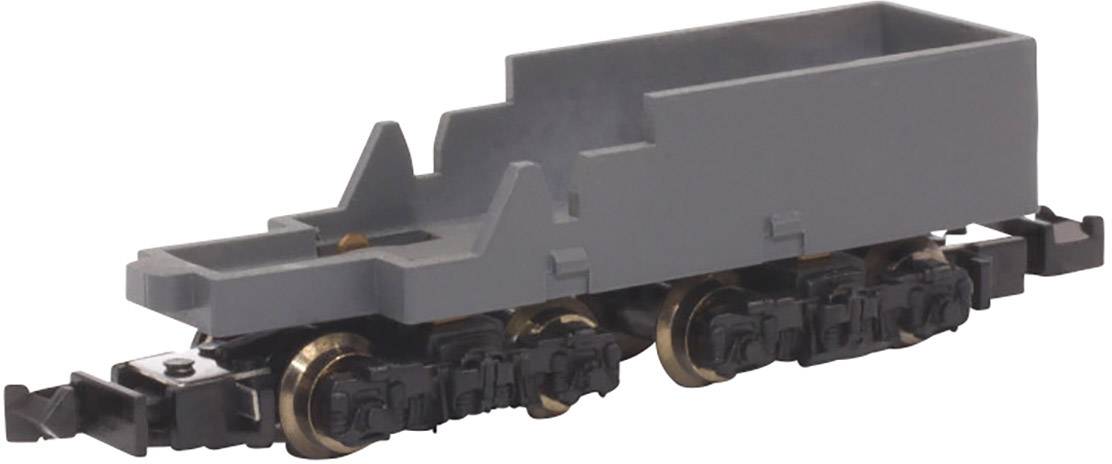 Šedý model železničního podvozku s koly, bez nástavby nebo dekorací, na bílém pozadí.
