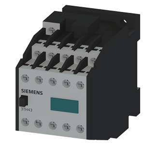 Stykač značky Siemens s označením '3TH43', zobrazující elektrické kontakty a svorky, používaný v průmyslových řídicích systémech.