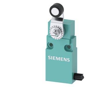 Zelený přiblížený spínač značky Siemens s kladkou nahoře, používaný pro detekci poloh v strojích nebo automatizovaných systémech.