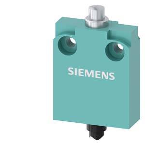 Modrý koncový spínač od Siemensu se dvěma upevňovacími otvory nahoře a pákovým mechanismem dole, vhodný pro průmyslové aplikace.