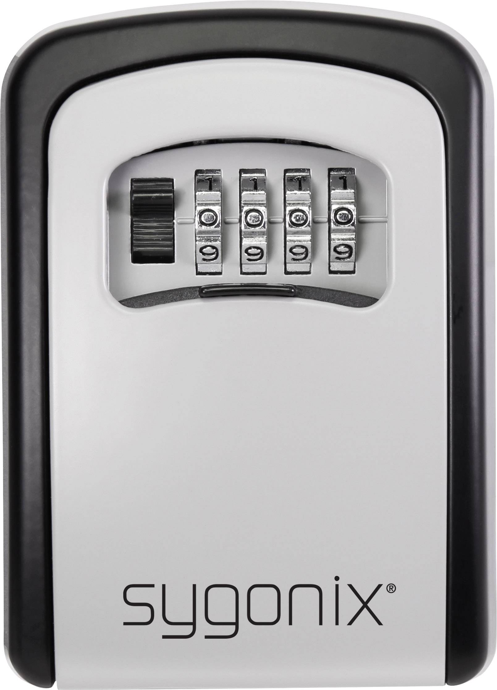 Číselný zámek se čtyřmístnou kombinací na obdélníkovém šedém pouzdře. Název značky 'sygonix' vytištěn dole.