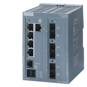 Síťové zařízení od Siemens, model Scalance XB006, zobrazuje přípojky pro ethernetové kabely, vhodné pro průmyslové aplikace.