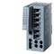 Šedé síťové zařízení Siemens, model SCALANCE. Disponuje několika ethernetovými porty a připojením napájení.