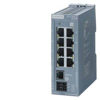 Síťový switch Siemens Scalance s několika ethernetovými porty, vhodný pro průmyslové použití v síťových aplikacích.