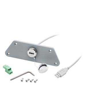 Kovová montážní sada s USB připojením, šrouby, inbusovým klíčem, adaptérem a kabelem pro elektronická zařízení.