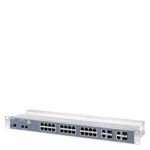 Síťový přepínač s 24 ethernetovými porty a 4 SFP porty, vhodný pro propojení a správu zařízení v počítačové síti.