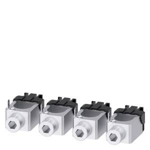 Čtyři stříbrné elektronické komponenty v řadě, obdélníkového tvaru s šestihrannou hlavou a černým konektorem nahoře.