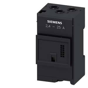 Černý motorový jistič s nápisem 'SIEMENS 2,4 - 25 A'. Používá se k ochraně elektromotorů před přetížením.