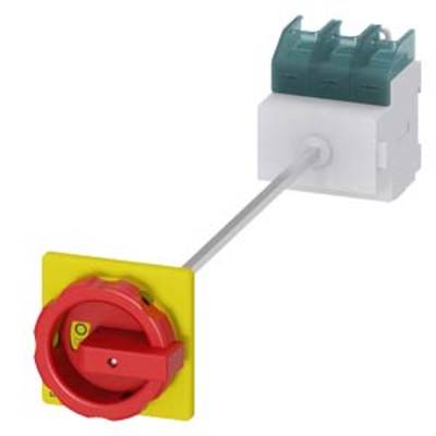 Červený nouzový vypínač se žlutým podstavcem, propojený tyčí se zeleným ovládacím mechanismem.