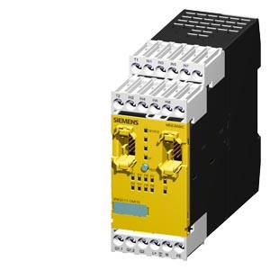 Žluté bezpečnostní reléové moduly Siemens s několika připojovacími svorkami a přepínači, určené pro průmyslové řídicí aplikace.