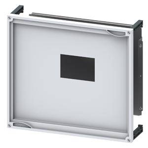 Obdélníkový, plochý CAD model elektronického zařízení s obrazovkou uprostřed, obklopený bílým rámečkem.