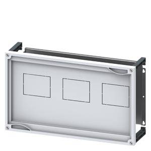 Obdélníkový kovový rám s prostorem pro moduly, určený k montáži do stěny. Vhodný pro průmyslové nebo technické aplikace.