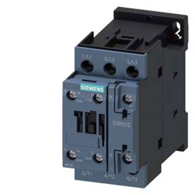 'Siemens SIRIUS stykač, modro-černý; tři póly; pro elektrické obvody. Číslo modelu a název značky viditelné.'