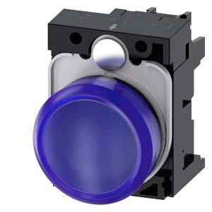 Modrý tlačný spínač s černou základnou, používaný pro ovládání v elektrických obvodech.
