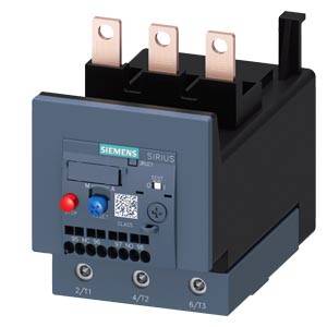 Stykač Siemens se třemi měděnými svorkami, červeným ovládacím tlačítkem a QR kódem na přední straně. Model: Sirius 3RT.