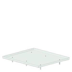 Obdélníková skleněná deska s kovovými podpěrami; minimalistický design pro nábytek nebo architekturu.