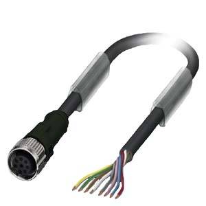 Kabel s kulatou zástrčkou na jednom konci a volně viditelnými vícebarevnými vodiči na straně druhé. Vhodné pro elektrické připojení.