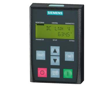 Řídící panel Siemens se zeleným displejem zobrazuje 'DC LINK' a '634V'. Obsahuje tlačítka pro ESC, navigační šipky, OK a přepínání mezi ručním a automatickým provozem.