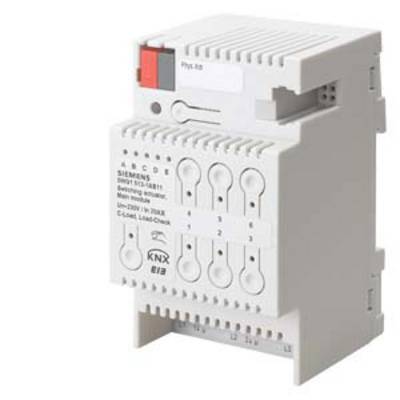 Bílé KNX spínací aktorové zařízení s několika spínači a LED indikátory pro řízení budovy. Logo výrobce v levém horním rohu.
