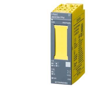 Žlutý elektronický modul s nápisem 'F-PCM-8A' a '24VDC PPM' na přední straně. Obsahuje technické symboly.