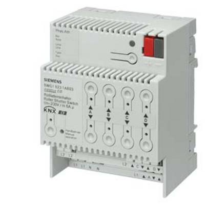 Šedý Siemens KNX 8-kanálový spínací aktor s multiplikátorem ovládacích tlačítek a LED indikátory pro automatizaci budov.