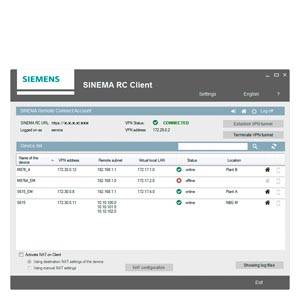 Snímek obrazovky klientského softwaru SINEMA RC od Siemensu zobrazuje seznam VPN připojení s údaji o stavu a možnostmi správy.