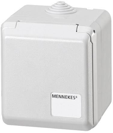 Šedý elektrický spínač s ochranným krytem, vytištěný firemní název 'MENNEKES'.
