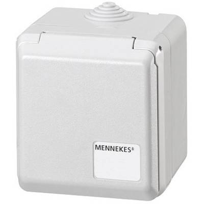 Šedý elektrický spínač s ochranným krytem, vytištěný firemní název 'MENNEKES'.