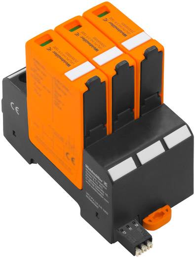 Třípólová ochrana proti přepětí v černé a oranžové barvě, namontovaná na kolejnici, s označením CE, vhodná pro elektrické instalace.