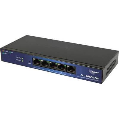 Síťový switch 'ALL-SGB245PM' s pěti ethernetovými porty. LED indikátory na přední straně zobrazují stav napájení a síťové aktivity.